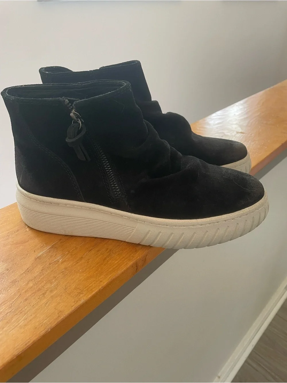 Sofft Black Suede Ankle Booties with Cream Platform Sole